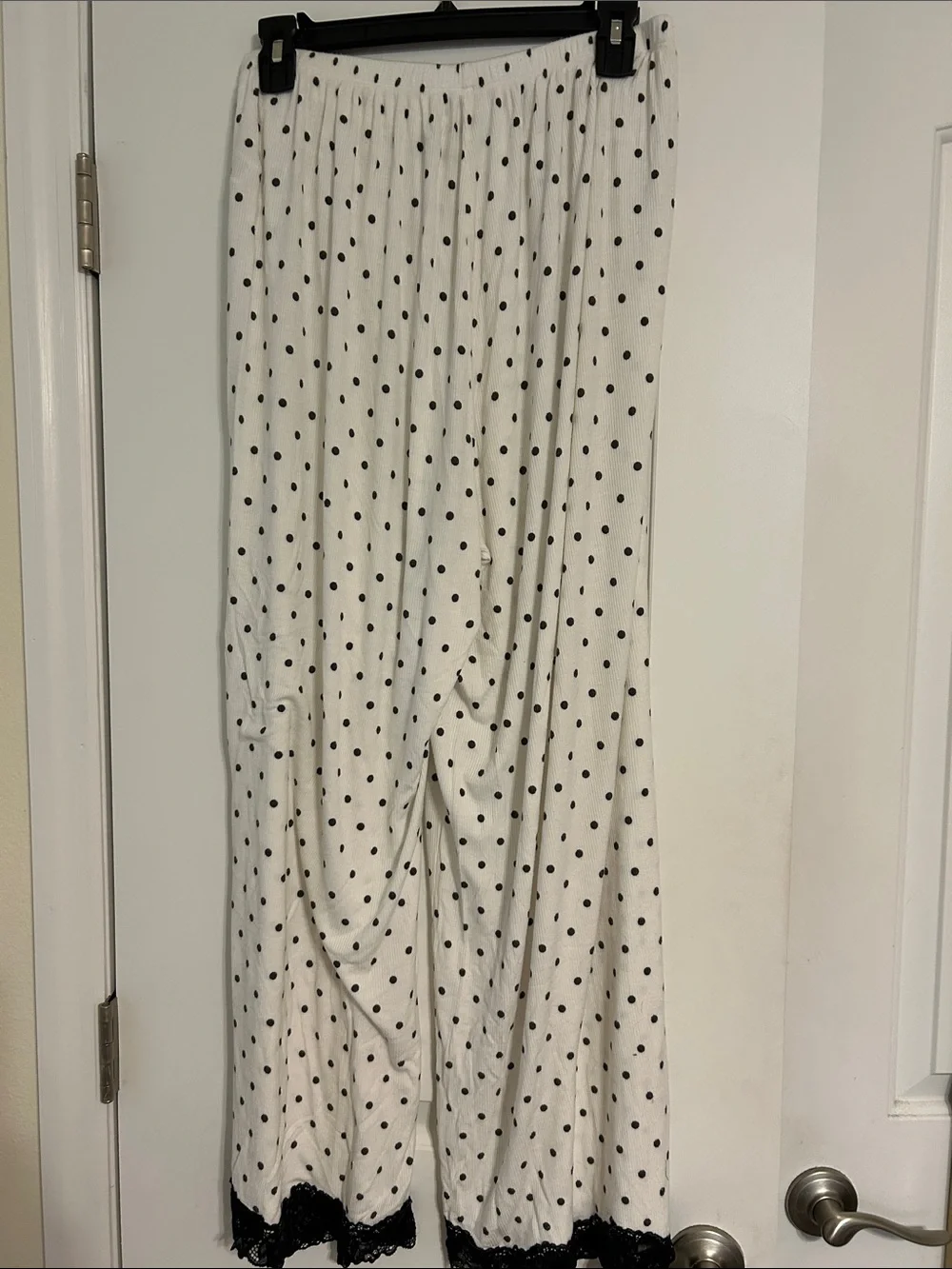 aerie Cream Polka Dot Wide-Leg Pajama Pants with Black Lace Hem